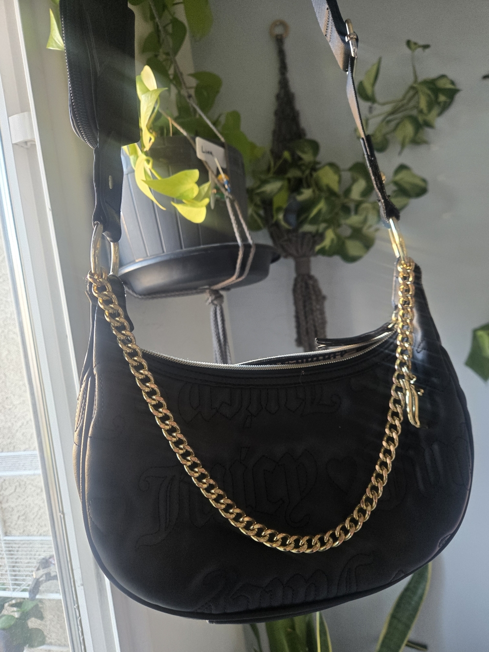 Black Women's Shoulder Bag with Gold Chain Accent